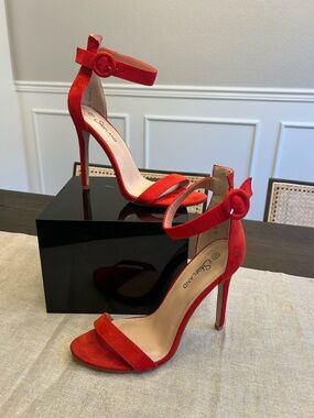 Red Suede Ankle-Strap High Heel Sandals - Women Size 10